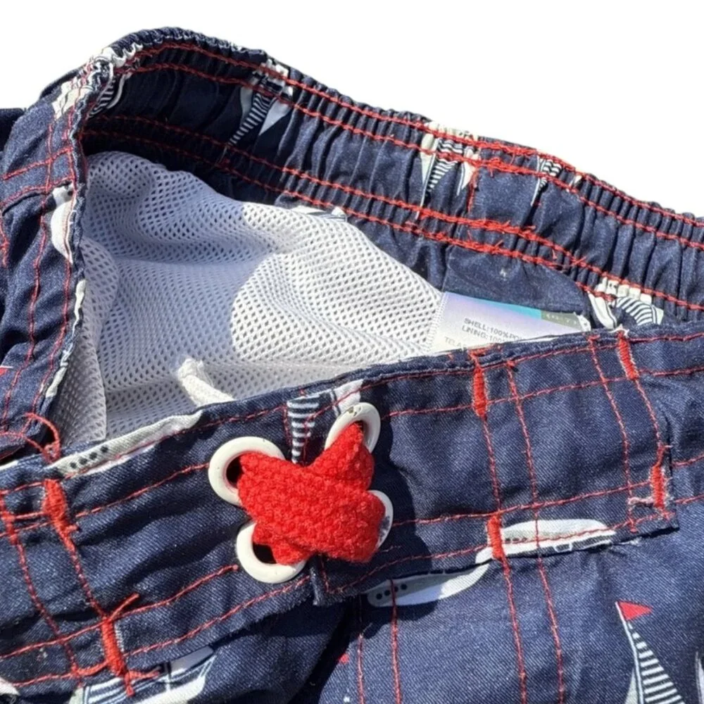 Lily & Dan Boys Swim Trunks 6-7 Sailboat Nautical Mesh Lined Blue Beach Shorts‎